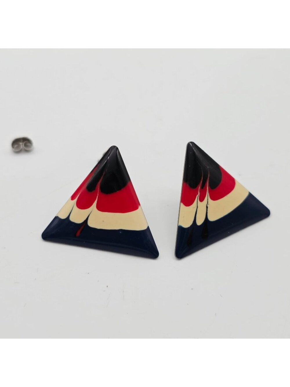 Triangle Enamel Stud Earrings With Red White Blue Abstract Design 1970s